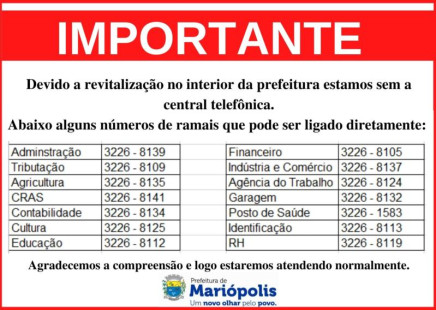 AVISO IMPORTANTE SOBRE A CENTRAL TELEFÔNICA DA PREFEITURA MUNICIPAL.