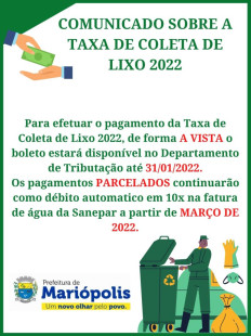 COMUNICADO SOBRE A TAXA DE COLETA DE LIXO 2022!